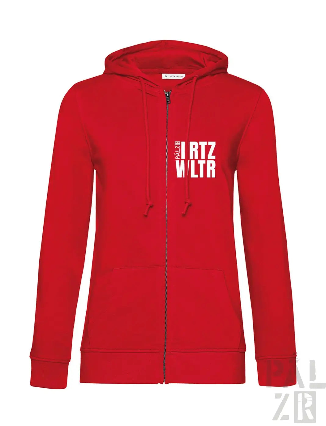 Rote zip-up hoodie für frauen mit weißem frontprint in verschiedenen farben erhältlich