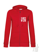 Rote zip-up hoodie für frauen mit weißem frontprint in verschiedenen farben erhältlich