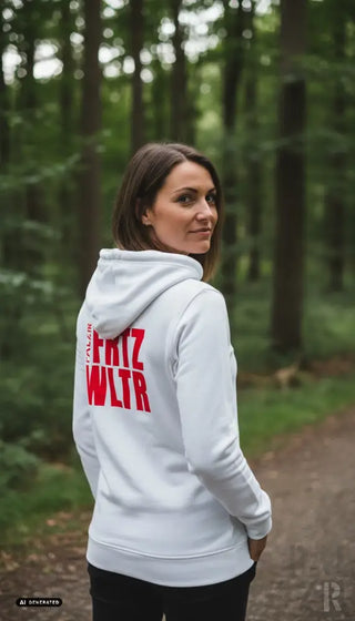 Weißer frauen zipper mit fettem rotem fritz wltr schriftzug auf der rückseite verschiedene farben