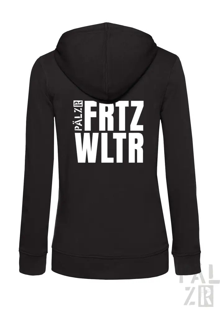 Schwarzer zip-up hoodie für frauen mit weißem fritz wltr schriftzug auf der rückseite in verschiedenen farben