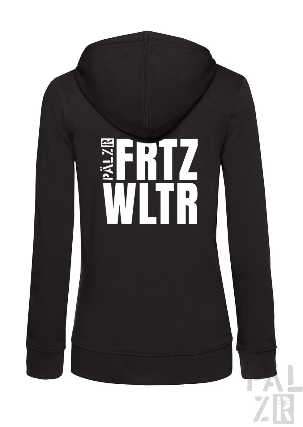 Schwarzer zip-up hoodie für frauen mit weißem fritz wltr schriftzug auf der rückseite in verschiedenen farben