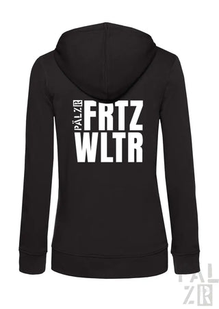 Schwarzer zip-up hoodie für frauen mit weißem fritz wltr schriftzug auf der rückseite in verschiedenen farben