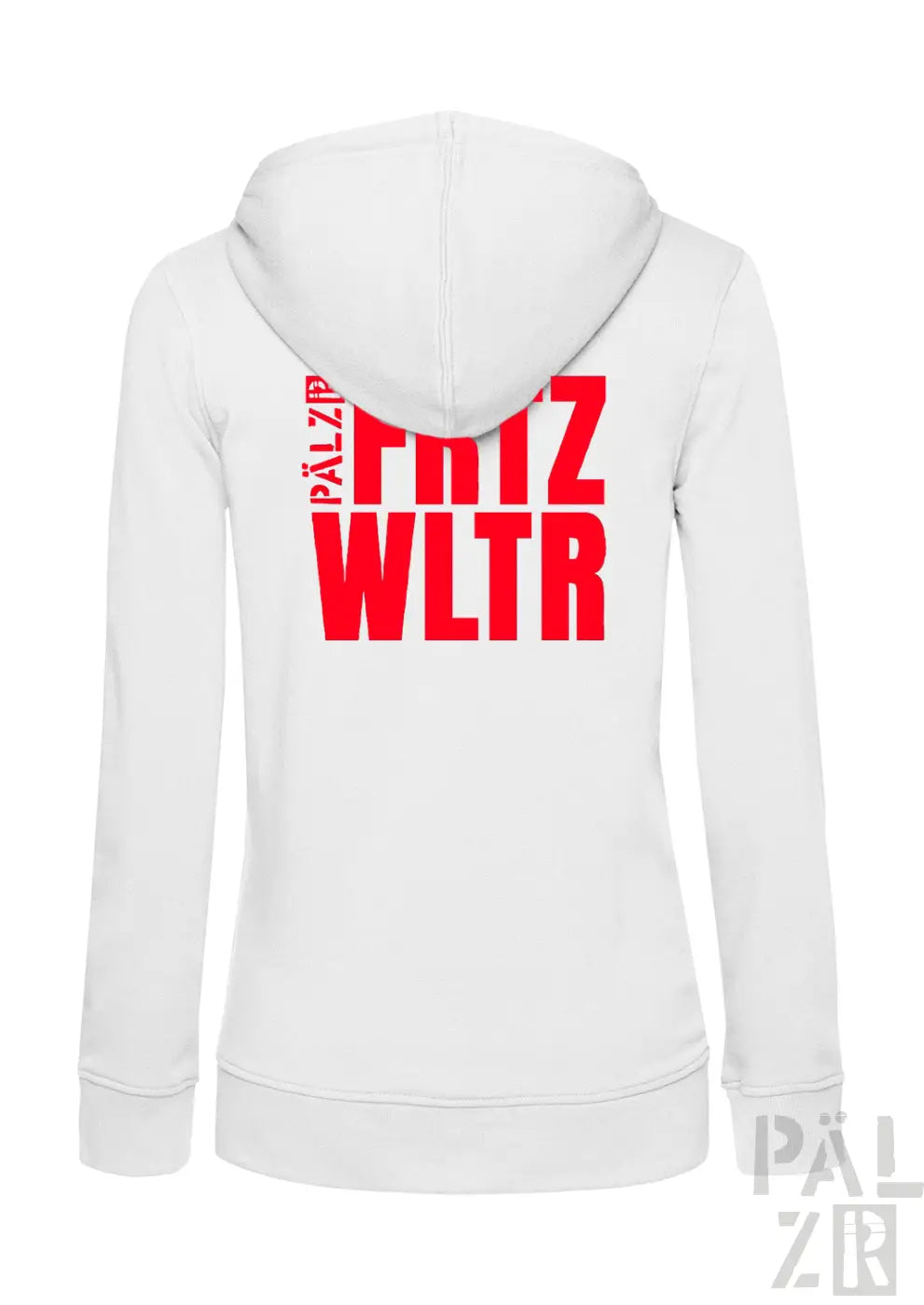 Weißer zip-up hoodie mit fettem roten fritz wltr schriftzug auf der rückseite aus der frauen zipper kollektion