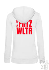 Weißer zip-up hoodie mit fettem roten fritz wltr schriftzug auf der rückseite aus der frauen zipper kollektion