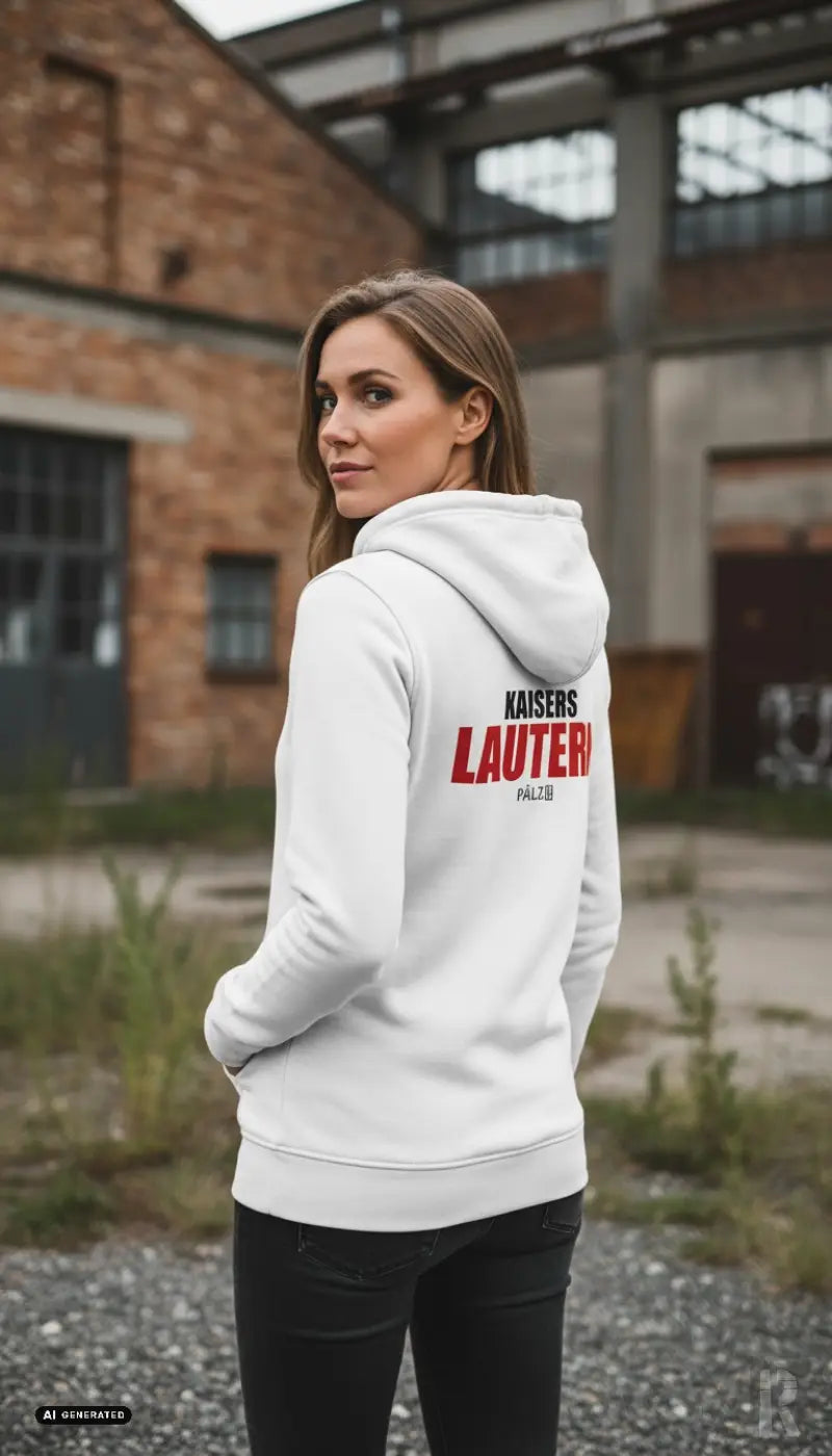 Weißer damen zipper mit kapuze und rotem kaisers lauter schriftzug sowie kleiner schwarzer schrift in verschiedenen farben