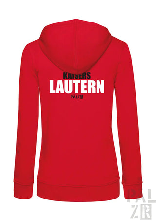 Rote damen zip-up hoodie aus baumwolle mit kaiers lautern in fetten weißen buchstaben auf der rückseite
