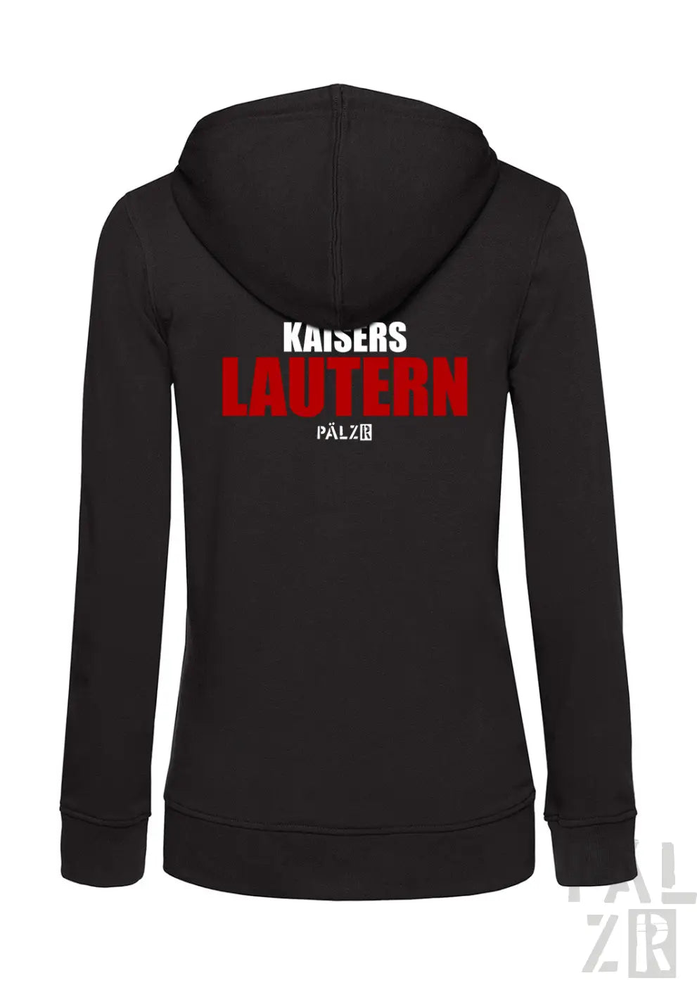 Schwarzer damen zipper mit auffälligem roten und weißen kaiers lautern pälz schriftzug auf der rückseite