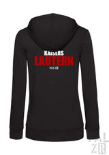 Schwarzer damen zipper mit auffälligem roten und weißen kaiers lautern pälz schriftzug auf der rückseite