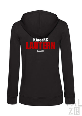Schwarzer damen zipper mit auffälligem roten und weißen kaiers lautern pälz schriftzug auf der rückseite