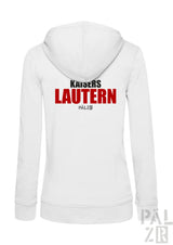 Weißes damen zip-up hoodie mit rotem und schwarzem kaiserslautern schriftzug auf der rückseite in verschiedenen farben