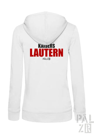 Weißes damen zip-up hoodie mit rotem und schwarzem kaiserslautern schriftzug auf der rückseite in verschiedenen farben