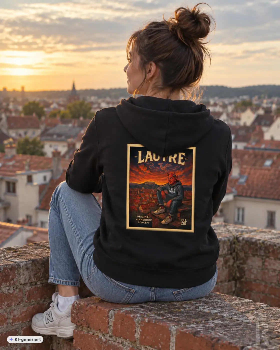 Schwarzer frauen zipper mit detailliertem urban artprint auf der rückseite rot-gehütete figur vor orange-lila sonnenuntergang
