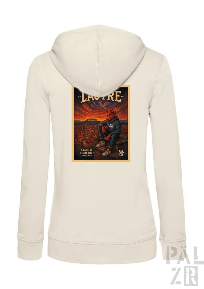 Cremeweiße Kapuzenjacke mit Grafikdesign eines Mannes in einer Wüstenlandschaft, mit dem Wort ’laotre’ und künstlerischer Illustration.