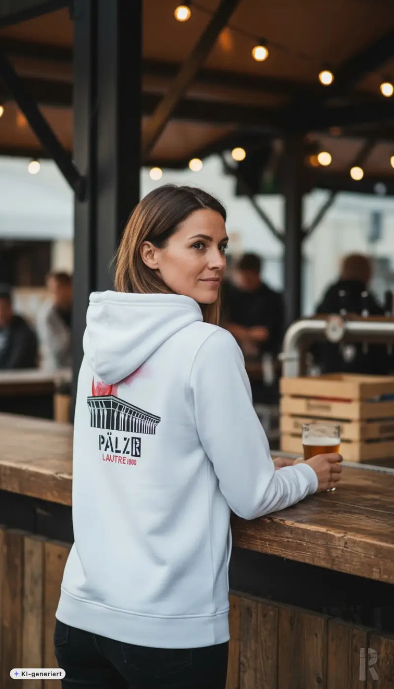 Leichter zip-hoodie frauen lautre1900 in hellblau mit schwarzem und rotem pálzir gebäude grafik auf der rückseite