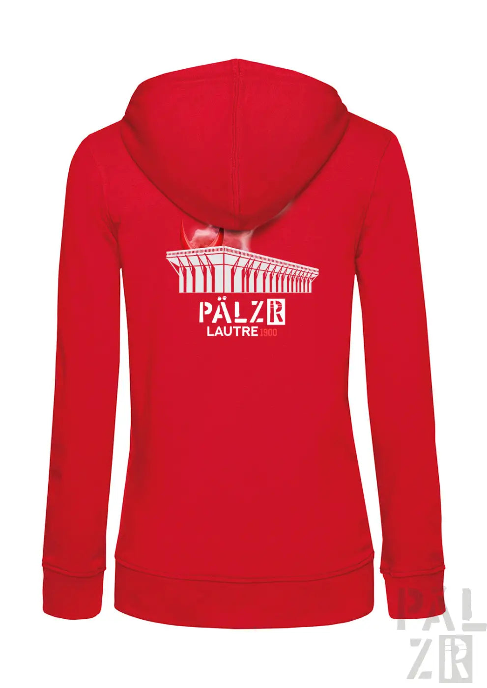 Rote frauen zip-up hoodie mit weißem palais lausanne grafik und pälzr lautre 1809 schriftzug vorne