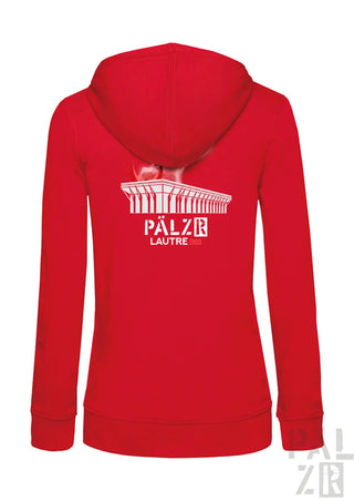Rote frauen zip-up hoodie mit weißem palais lausanne grafik und pälzr lautre 1809 schriftzug vorne