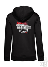 Schwarzer zip-up frauen hoodie mit weißem palais lautech grafik und roten flammen akzenten verschiedene farben
