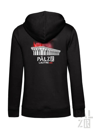 Schwarzer zip-up frauen hoodie mit weißem palais lautech grafik und roten flammen akzenten verschiedene farben