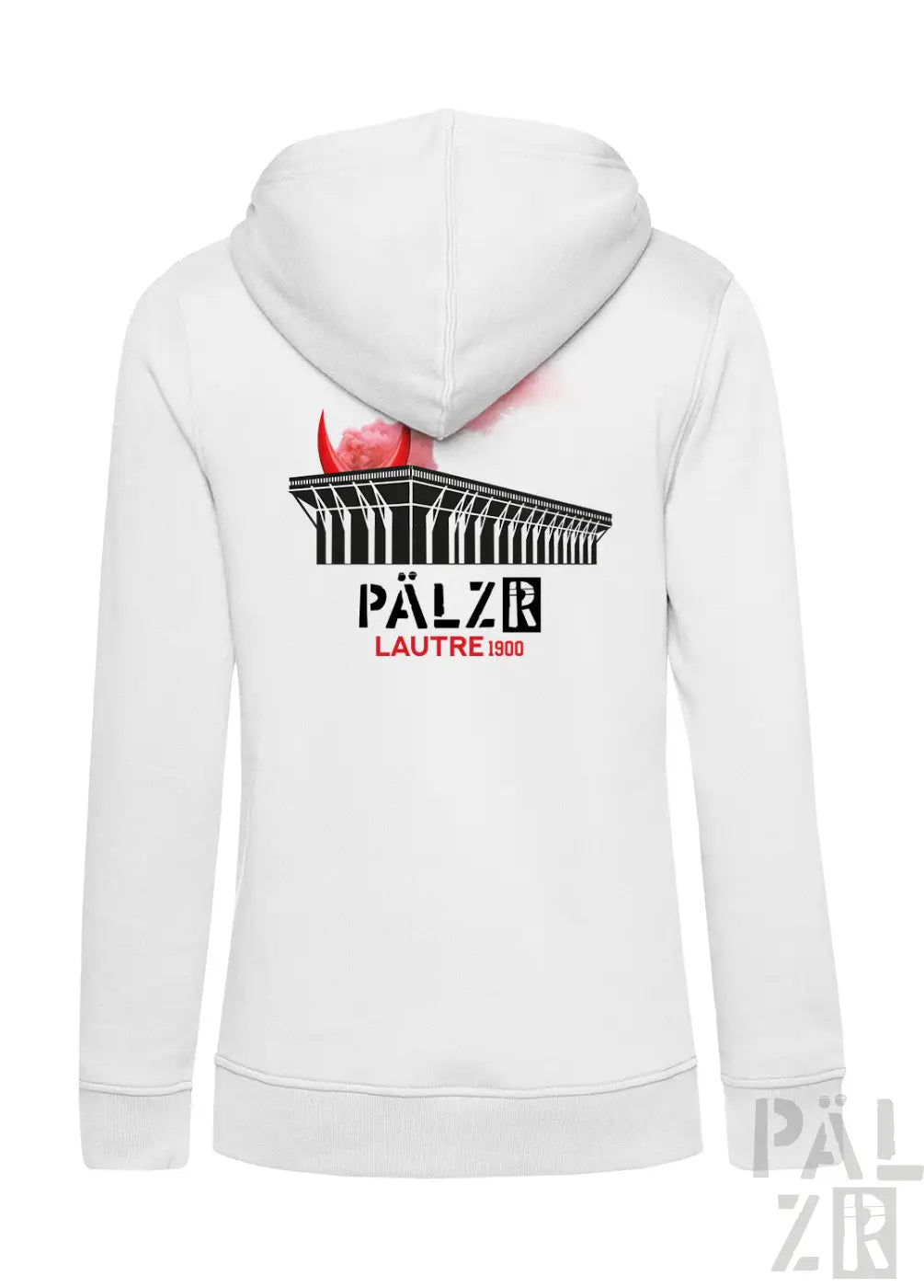 Weißer zipper damen hoodie mit schwarzem und rotem palais lausanne grafik und pälzb lautre 1900 aufdruck