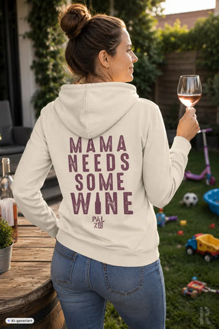 Frauen zipper in creme mit marun text mama needs some wine und kleinem pal zib logo in verschiedenen farben