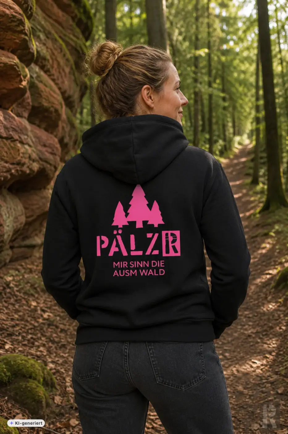 Schwarzer frauen zipper mit pinkem baum grafik und text pälz r mir sinn die ausm wald in verschiedenen farben