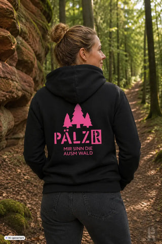 Schwarzer frauen zipper mit pinkem baum grafik und text pälz r mir sinn die ausm wald in verschiedenen farben