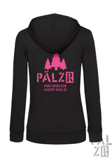 Schwarzer damen zip-hoodie mit pinkem baum-design und text pälsr mir sinn die ausw wald in verschiedenen farben