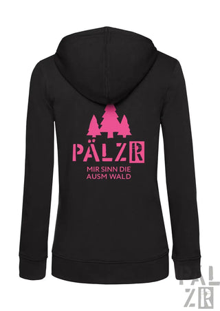 Schwarzer damen zip-hoodie mit pinkem baum-design und text pälsr mir sinn die ausw wald in verschiedenen farben