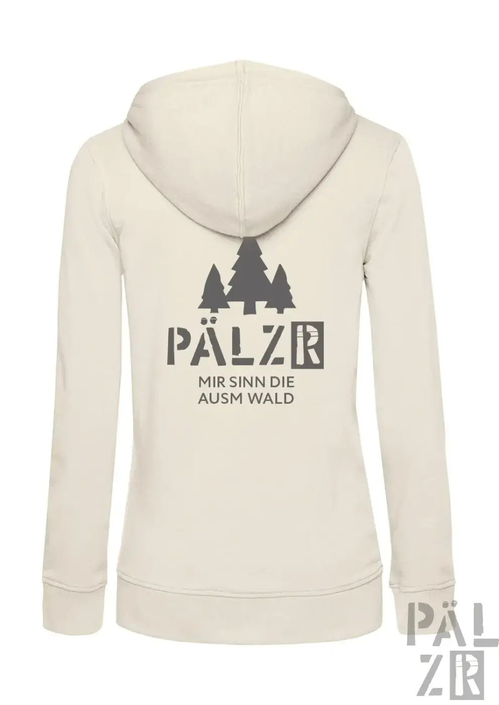 Beige damen zipper hoodie mit schwarzem nadelbaum grafik und text pälzr mir sinn die ausm wald