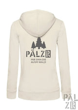 Beige damen zipper hoodie mit schwarzem nadelbaum grafik und text pälzr mir sinn die ausm wald