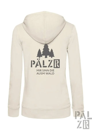 Beige damen zipper hoodie mit schwarzem nadelbaum grafik und text pälzr mir sinn die ausm wald
