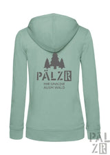 Eine weiche mintgrüne damen zip-up hoodie mit dunklem grauem dreibaumgrafik und text pälzr mir sinn die ausm wald