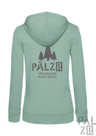 Eine weiche mintgrüne damen zip-up hoodie mit dunklem grauem dreibaumgrafik und text pälzr mir sinn die ausm wald