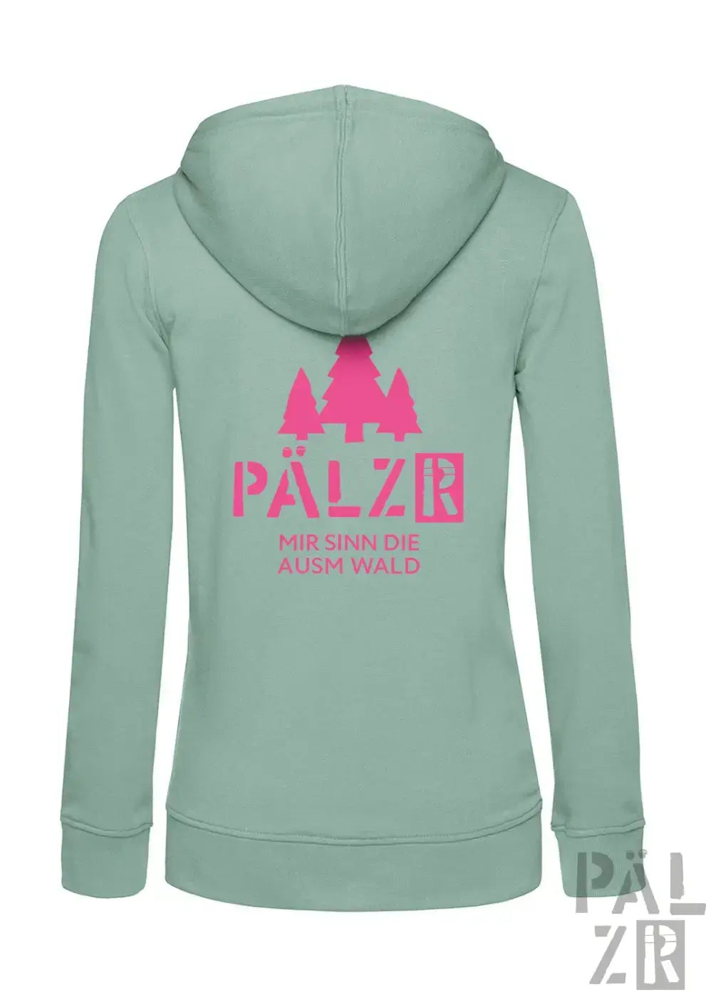 Mintgrüner frauen zipper mit pinkem baum- und textprint aus der kollektion mir sinn die ausm wald