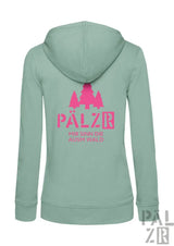 Mintgrüner frauen zipper mit pinkem baum- und textprint aus der kollektion mir sinn die ausm wald