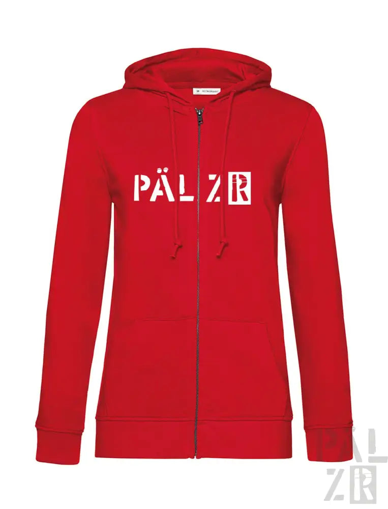Roter Kapuzenpulli mit Reißverschluss und ’pälzr’ Logo-Design.