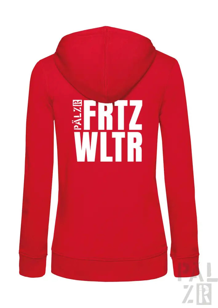 Roter Kapuzenpulli mit Reißverschluss, weißem Text und Design, mit ’frtz wltr’ auf dem Rücken.