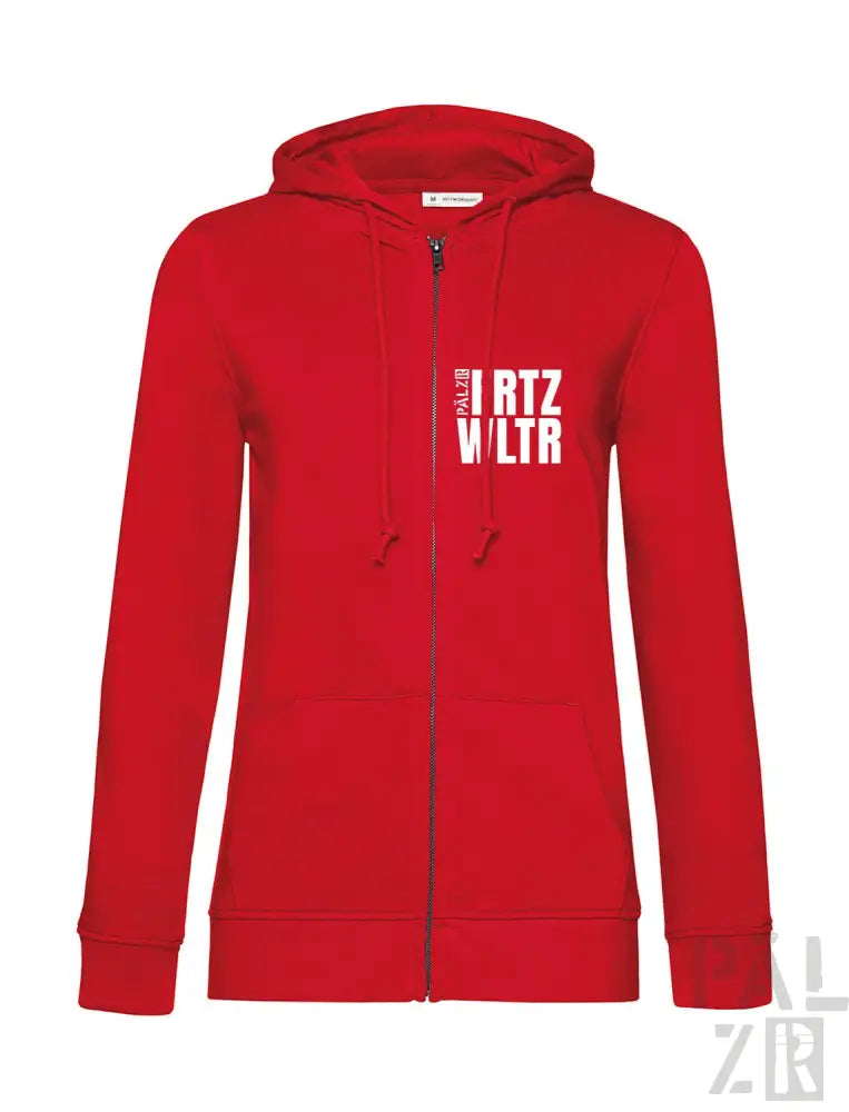 Roter Kapuzenpulli mit Reißverschluss und weißem Text-Design, wahrscheinlich aus Baumwolle oder Polyester-Mischung.