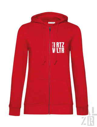 Roter Kapuzenpulli mit Reißverschluss und weißem Text-Design, wahrscheinlich aus Baumwolle oder Polyester-Mischung.
