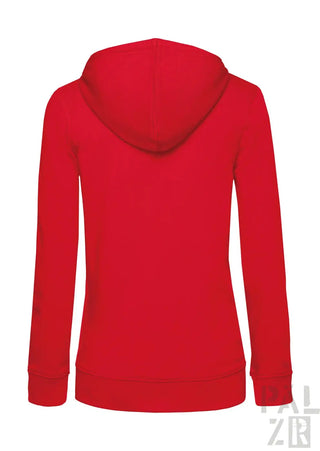 Roter Hoodie mit Kapuze und langen Ärmeln, wahrscheinlich aus Baumwolle oder Polyester-Mischung.