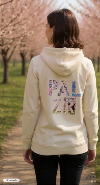 Creamfarbener frauen zipper mit palazr blumenmuster grafik auf der rückseite aus mandelblütenstoff