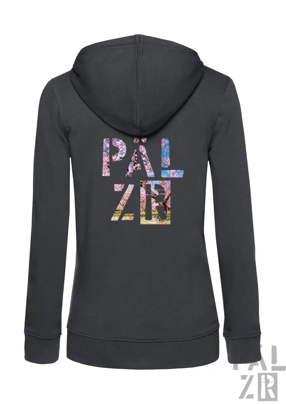 Dunkelgrauer damen zip-up hoodie mit buntem pälzer mandelblüte grafikdesign auf der rückseite