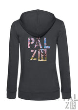 Dunkelgrauer damen zip-up hoodie mit buntem pälzer mandelblüte grafikdesign auf der rückseite