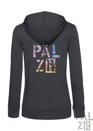 Dunkelgrauer damen zip-up hoodie mit buntem pälzer mandelblüte grafikdesign auf der rückseite
