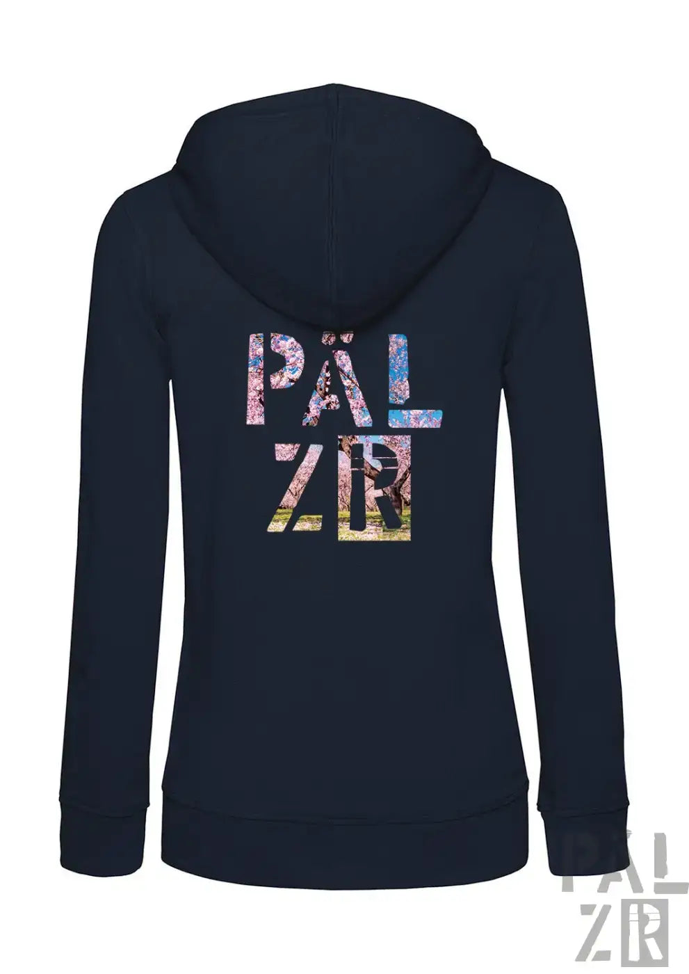 Navyblaue damen zip-up hoodie mit farbenfrohem collage-stil päl zr grafik auf der rückseite