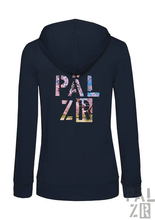 Navyblaue damen zip-up hoodie mit farbenfrohem collage-stil päl zr grafik auf der rückseite