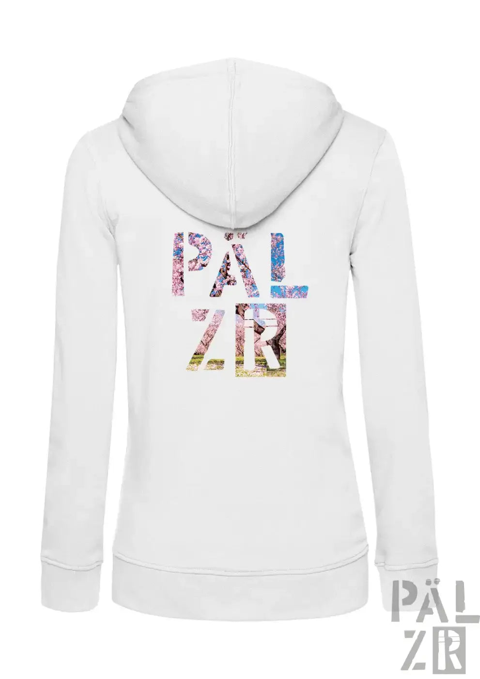 Weißer zipper frauen hoodie mit buntem pälzr mandelblüte floralmotiv auf der rückseite in verschiedenen farben