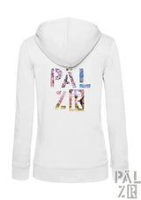 Weißer zipper frauen hoodie mit buntem pälzr mandelblüte floralmotiv auf der rückseite in verschiedenen farben