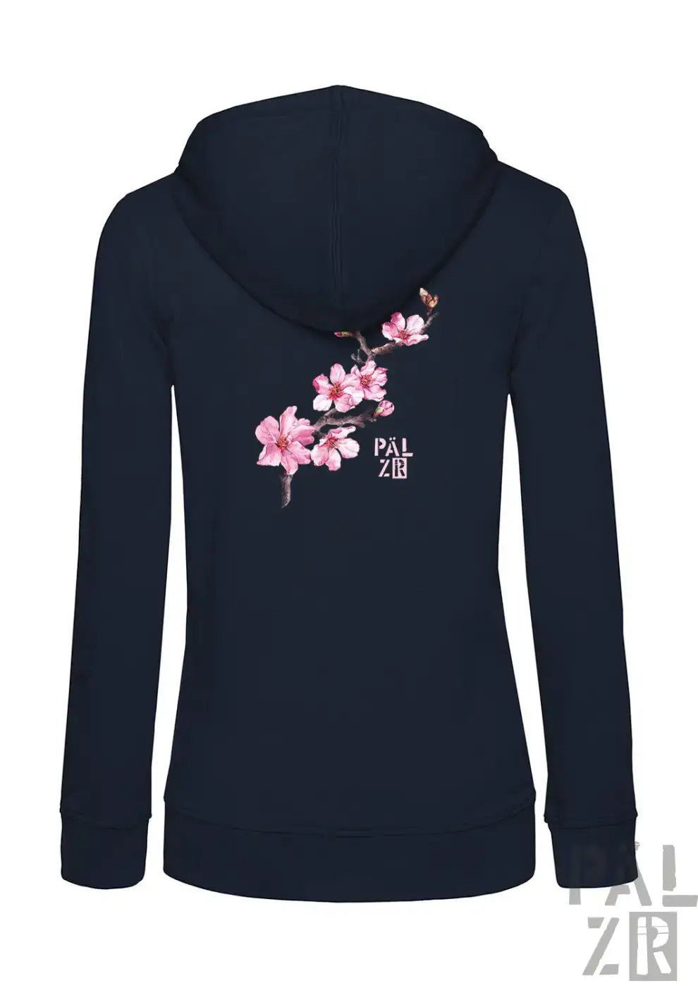 Navyblauer damenkapuzenpullover mit reißverschluss und zartem rosa mandarinenzweig-design von pälzr