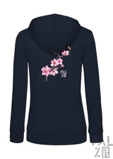 Navyblauer damenkapuzenpullover mit reißverschluss und zartem rosa mandarinenzweig-design von pälzr